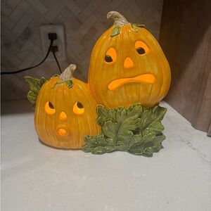 Halloween Ceramic Pumpkin Lantern with Green Leaves